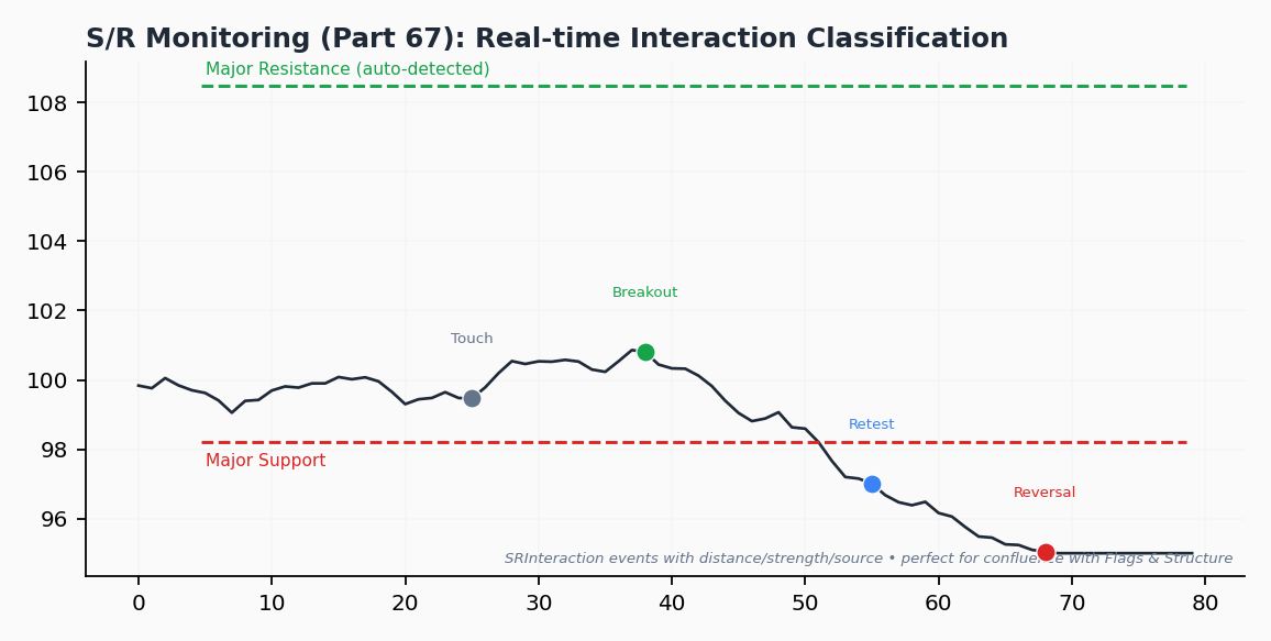 S/R interactions chart with labeled levels, Approach/Touch/Breakout/Retest/Reversal events carrying rich metadata (strength, distance). Ideal for confluence with flags & structure.